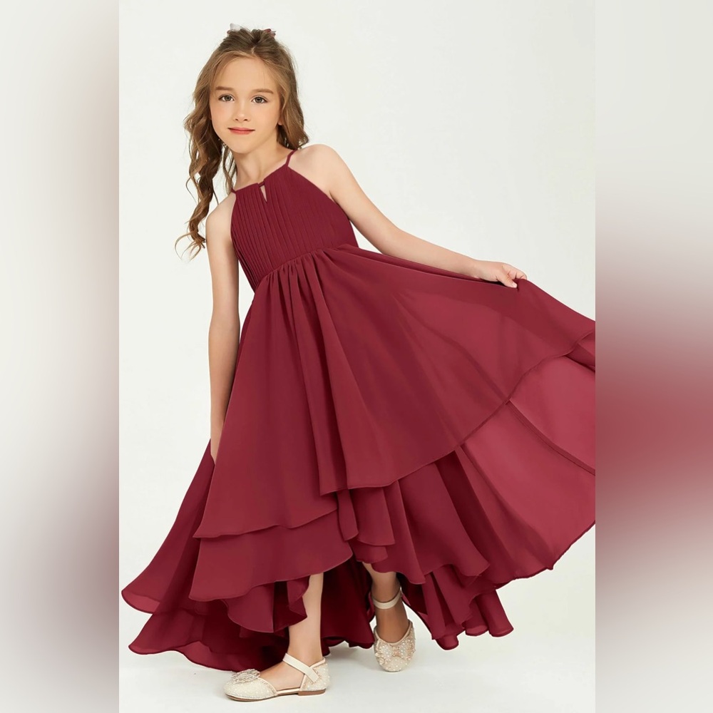 Asymmetrical Chiffon Junior Bridesmaid Dress Halter Spaghetti Straps, Size 8/9